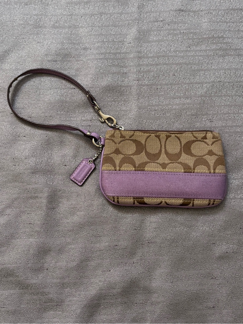 Coach Brown Signature C Canvas Purple Stripe Wristlet Pouch Clutch Bag COA